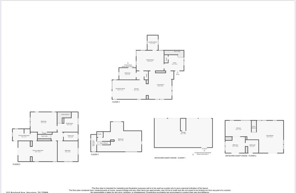 Floor plans for all three floors of the main residence, as well as the detached garage and guest house. Room sizes are approx.