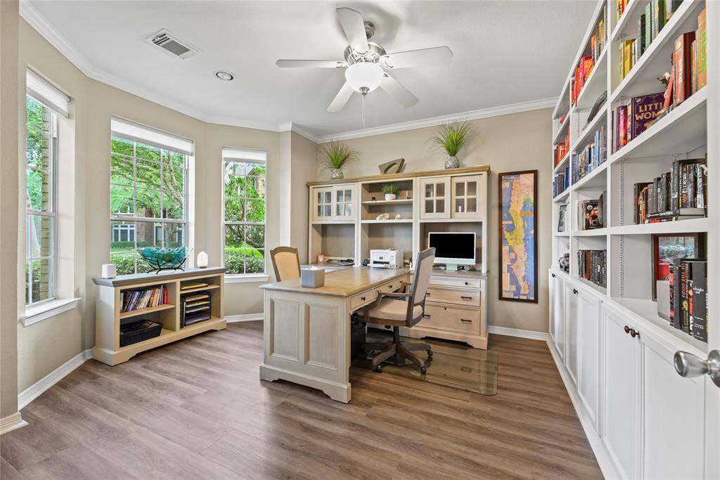 Sequestered with French doors, the 1st floor office may be utilized for telecommuting or running a successful online business. For those continuing their education, it may also serve as a distance learning area and study.