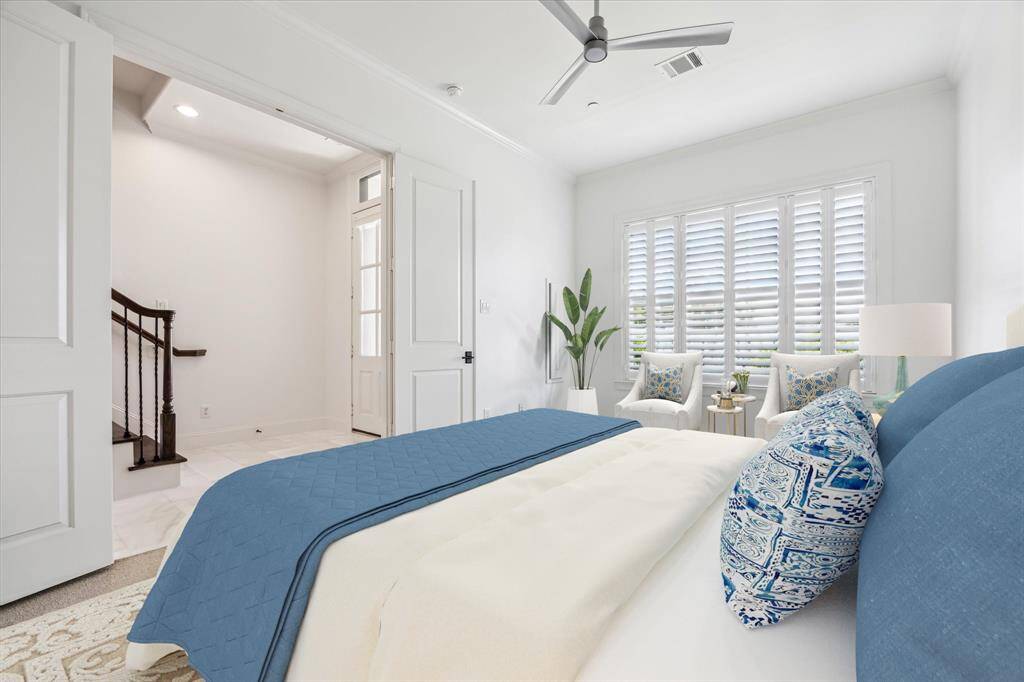 First floor en suite bedroom is an ideal guest retreat or a perfect home office away, with easy entry access and en suite bathroom. Expansive 10 ft ceilings and oversized energy-efficient windows throughout all bedrooms allow the space to be bathed in natural light.