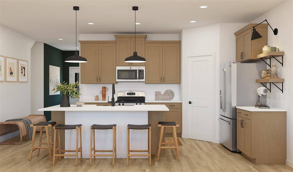 Stylish kitchen with chestnut brown cabinets and quartz countertops (*Artist rendering used for illustration purposes only.)