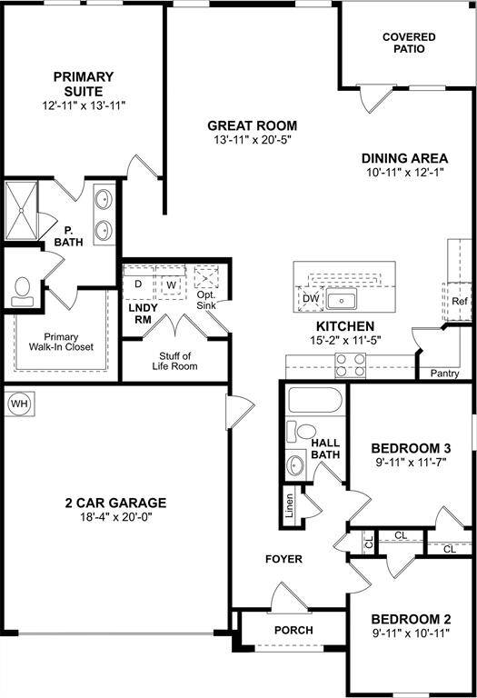One story home with 4 bedrooms, 3 bathrooms, and 2 car garage.