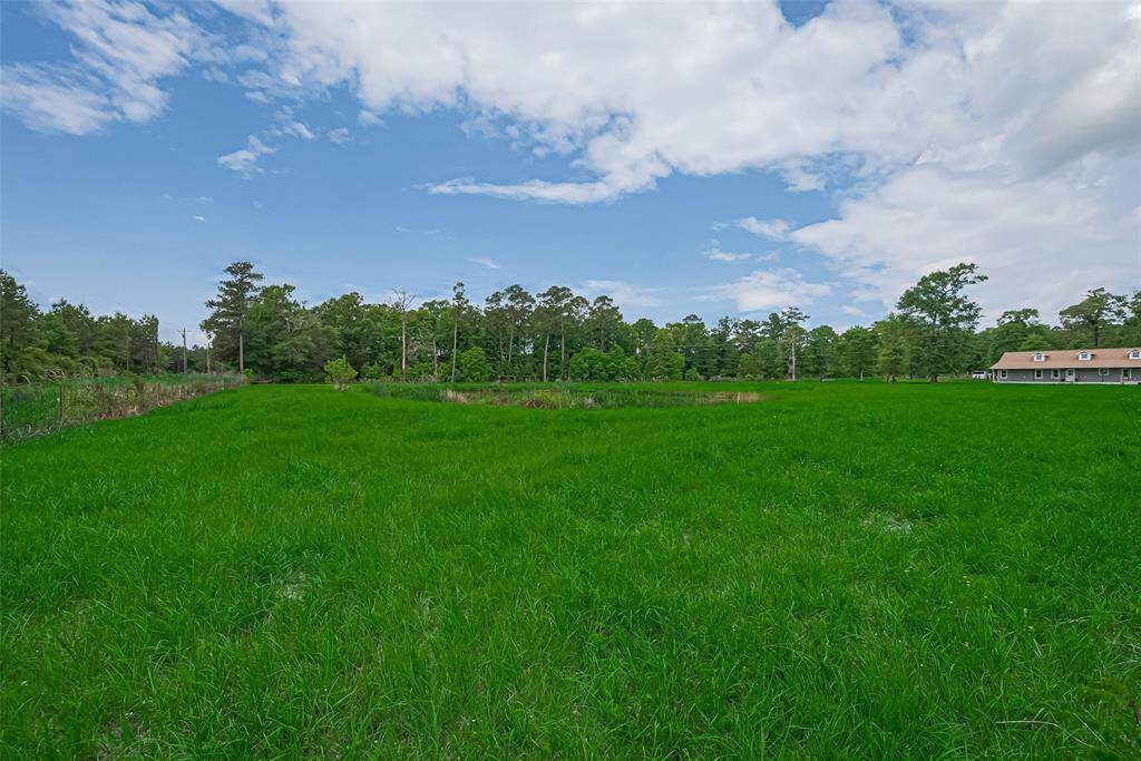 This wide view captures the house, stocked pond, and wooded backdrop—illustrating the tranquility and scope of the property.
