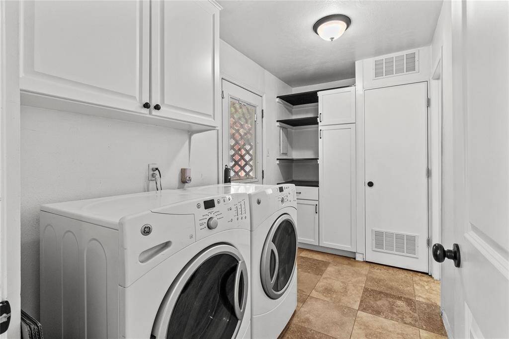 The utility room is near the back door and has plenty of storage.