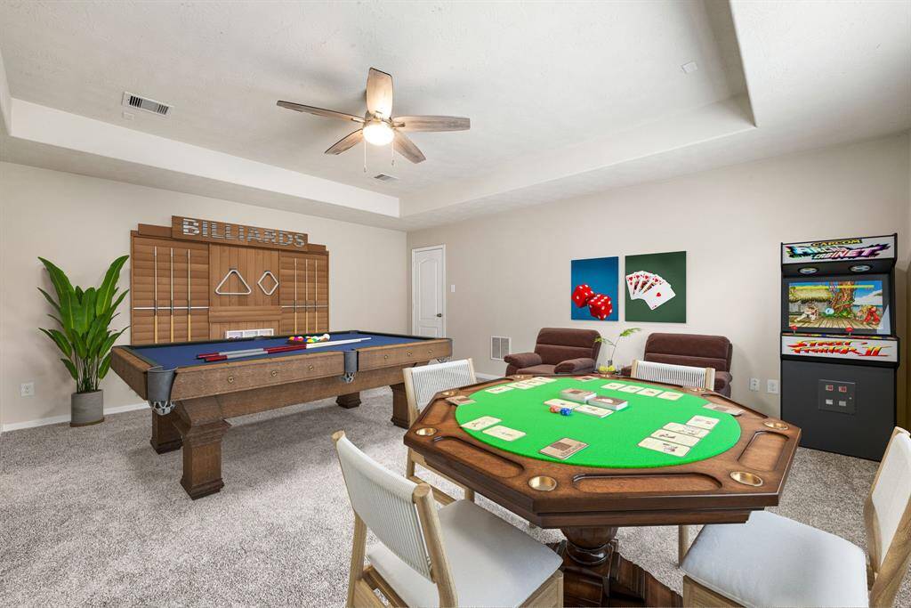 Come upstairswhere you can use this space as a game room/media room or even a bedroom! This is the perfect hangout spot, this space features plush carpet, high vaulted ceiling, custom paint and storage closet. *Virtually Staged