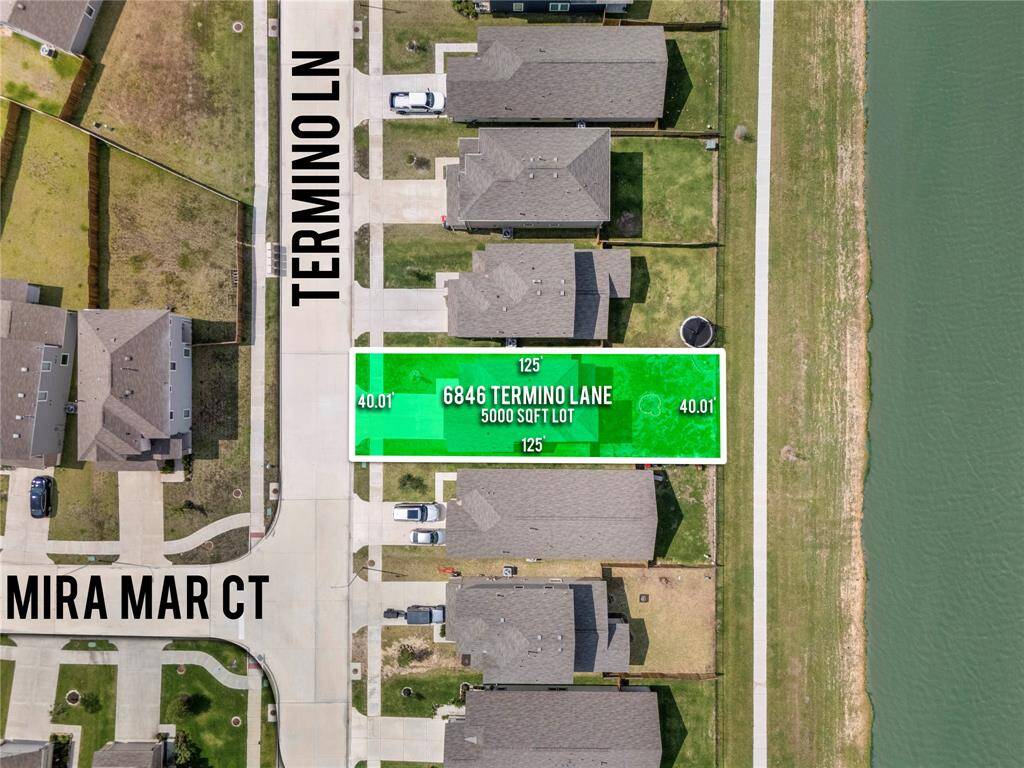 This photo shows an aerial view of a residential neighborhood featuring a 5,000 sqft lot at 6846 Termino Lane. The lot is outlined in green, measuring 125 feet by 40.01 feet. It's located near a body of water and accessible via Termino Lane and Mira Mar Ct.