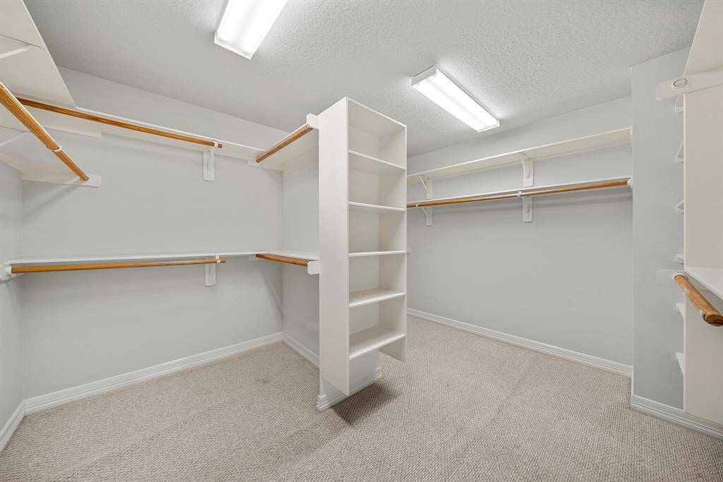The primary walk-in closet features built-in shelving and extensive hanging space, ideal for organizing a large wardrobe. Bright overhead lighting and neutral carpeting add to its practicality.