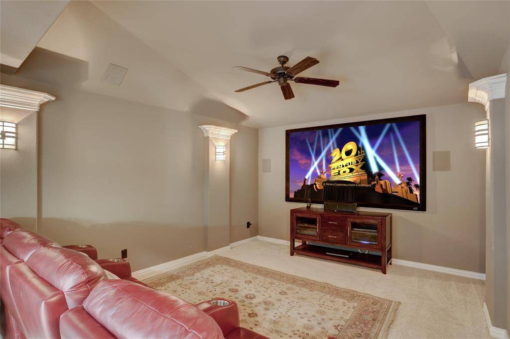 Enjoy movie nights in this intimate home theater with leather recliners, soft lighting, and a large projection screen.