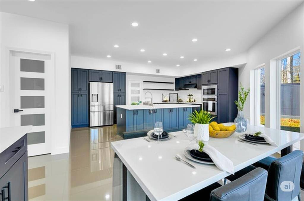 Discover this stunning, single-story modern home with a sleek dark roof and crisp white exterior, nestled in a serene suburban neighborhood. Surrounded by lush greenery and mature trees, it offers a private backyard complete with a tennis court. Enjoy the tranquility of a well-maintained, cohesive community.