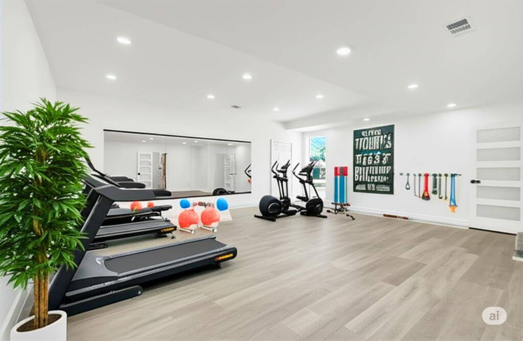Transform your lifestyle with this spacious, fully-equipped home gym, featuring modern fitness machines and plenty of room for your workout routines.