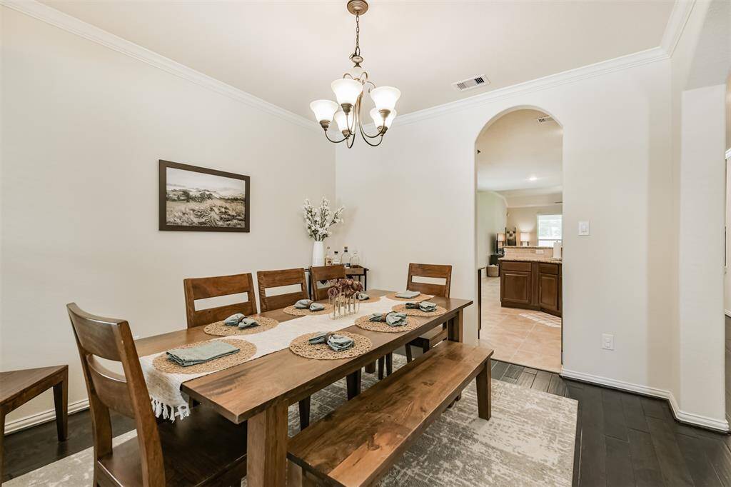 Hardwood floors in the dining room.