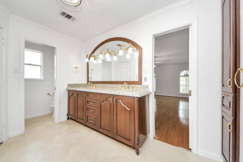 Primary bath with custom vanity, mirror, counter top, NEW paint.