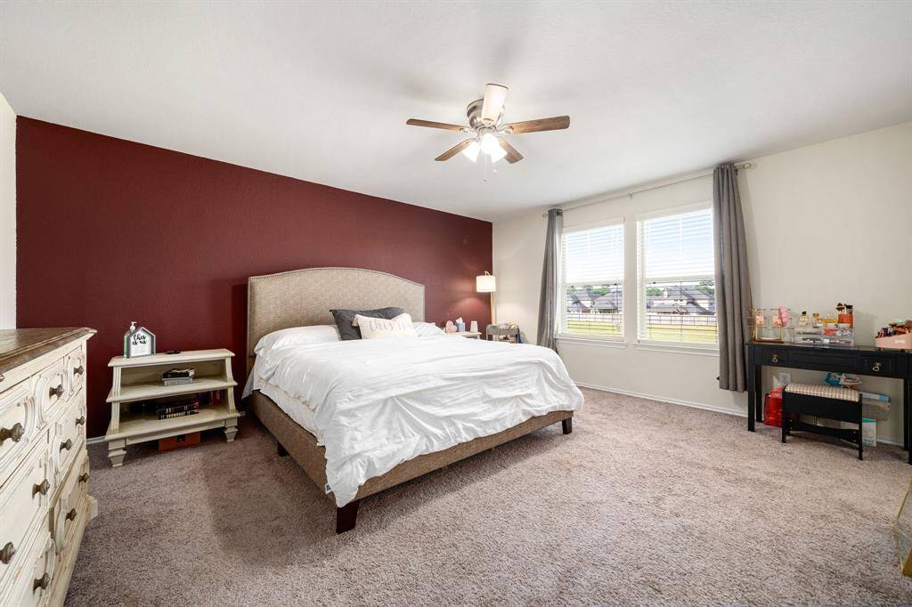 Spacious primary bedroom featuring a bold accent wall, neutral carpet flooring, and large windows that let in abundant natural light. A ceiling fan adds comfort, while the layout offers plenty of room for furniture and personal touches.