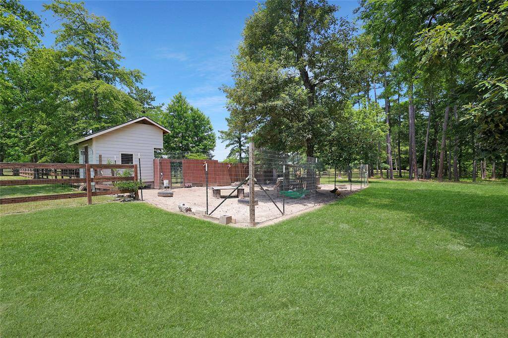 A spacious and well-maintained chicken coop with a large, fenced run nestled under the trees. This area provides ample room for chickens to roam and is equipped with shaded shelter and secure fencing—perfect for a hobby farm setup or self-sustained living.