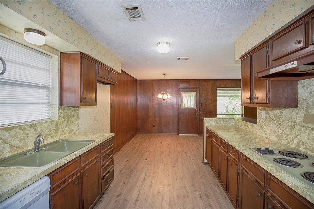 A marvelous view from the kitchen looking to the dining area.