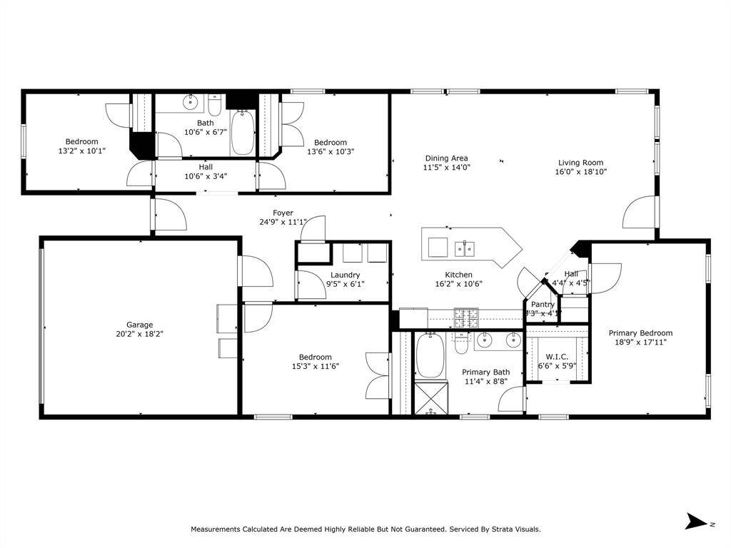 Floor Plan - 4 Bedroom, 2 Full Bathrooms, Interior Laundry room, and an Open Concept Kitchen, Dining, and Living room areas.