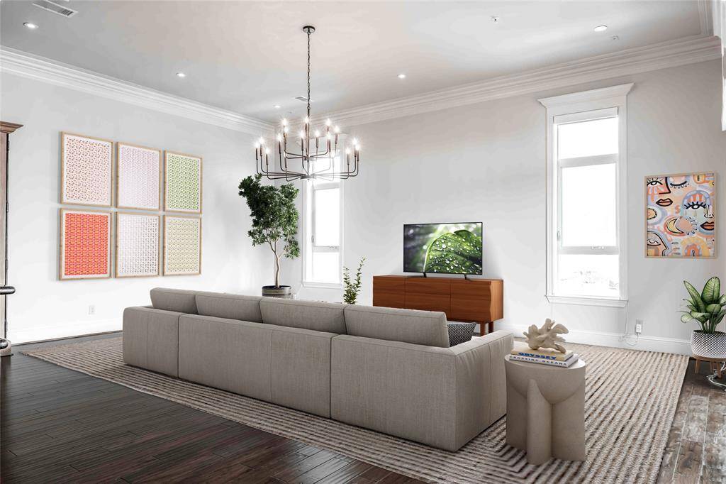Spacious Living Room With 12 Foot Ceilings & Triple Crown Molding (Virtually Staged)