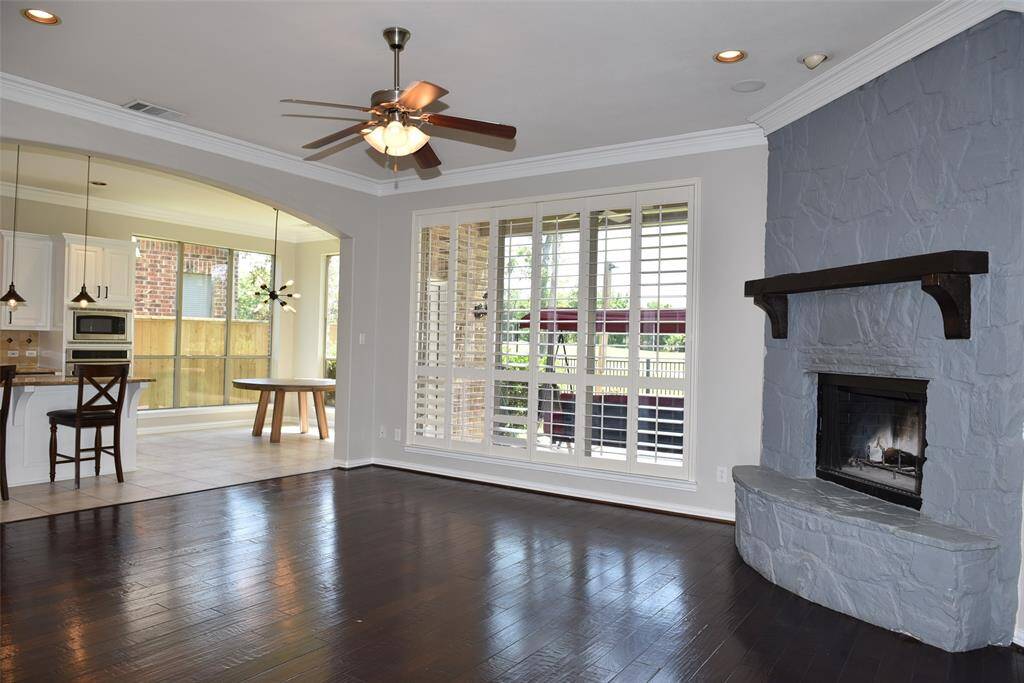 large family room with fireplace