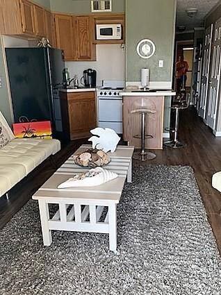 Living room, kitchen, and entry way