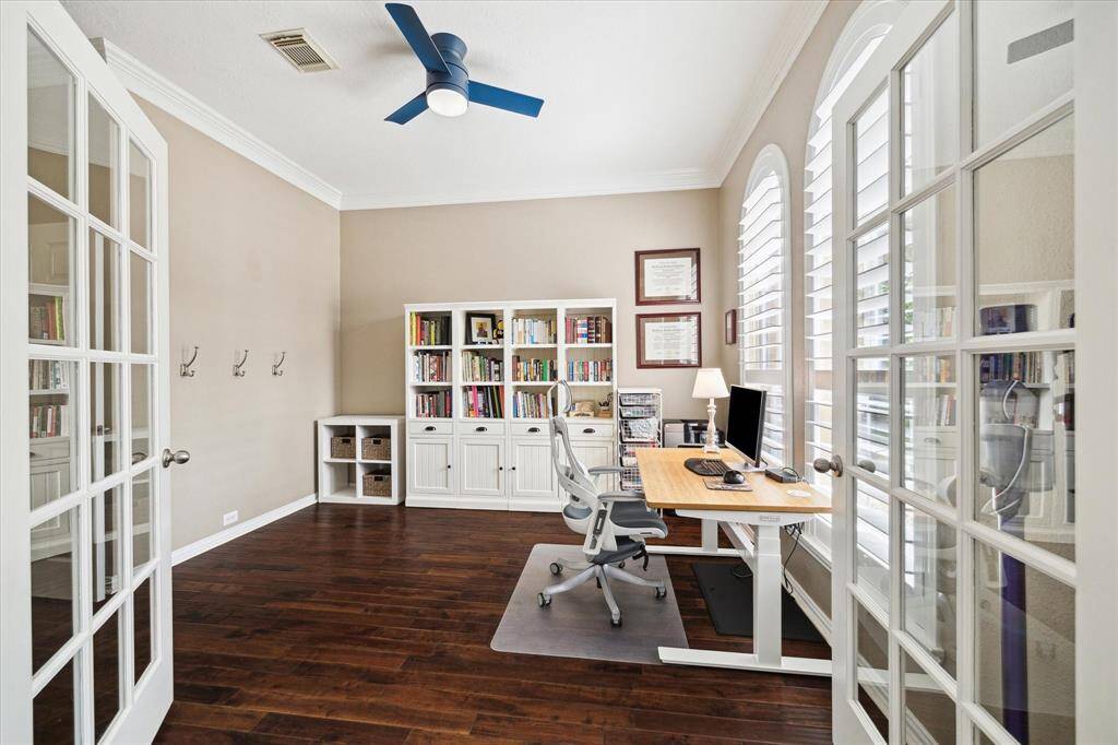 Sunlit workspace with detailed trim and quiet charm