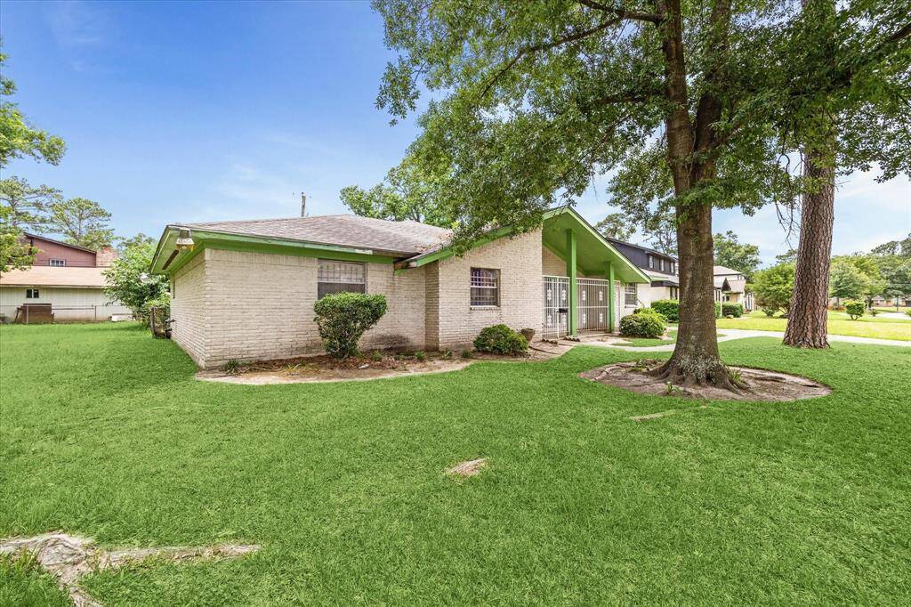 Generous front yard highlighted by tall, mature trees