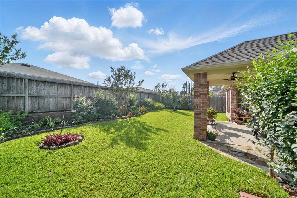 Mature landscaping in backyard