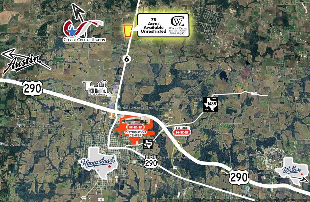Location map highlighting Hempstead and the surrounding area, including multiple developments currently under construction such as the H-E-B Distribution Center.