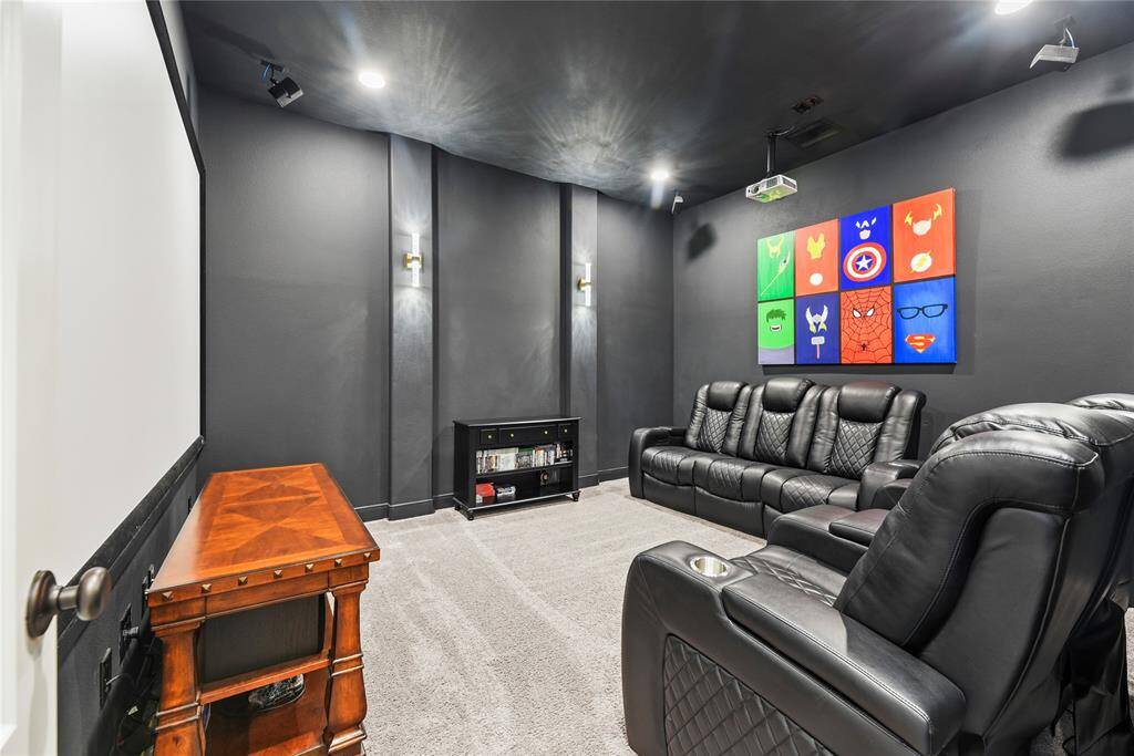 Home theater room measuring 14.5 x 12.8 with plush carpeting, and black walls.