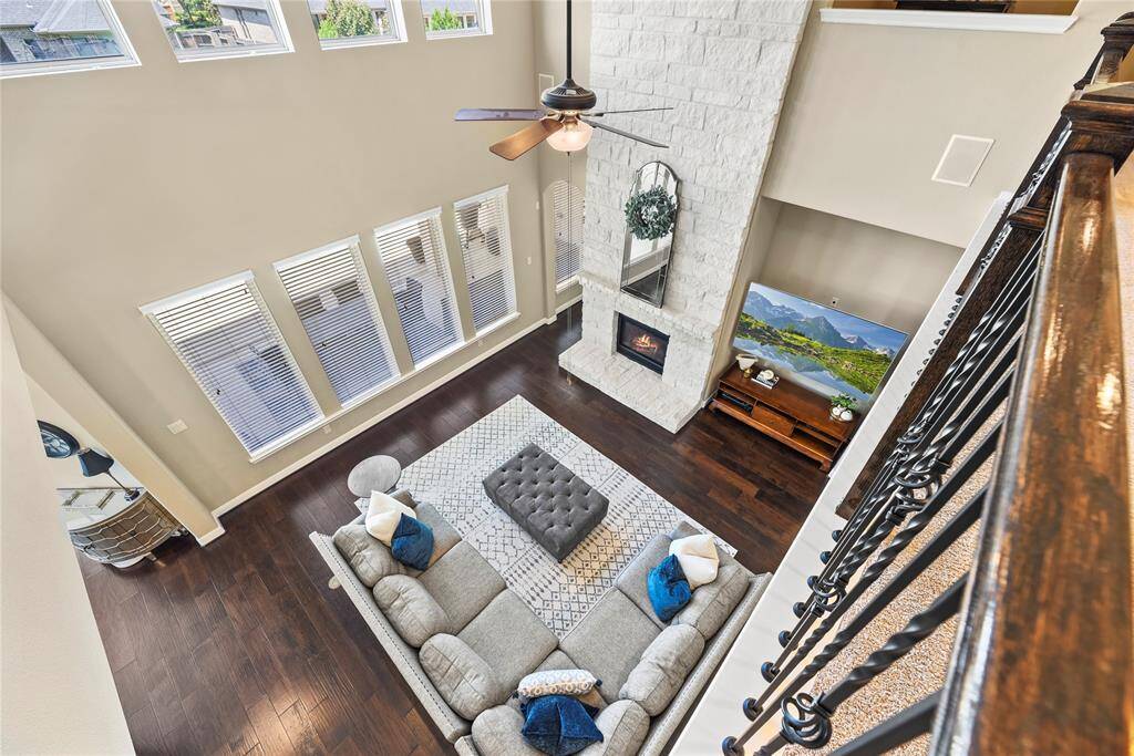 View of the first floor family room from the second level.