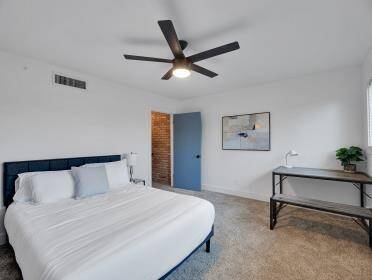 Roomy primary bedroom with ceiling fan.