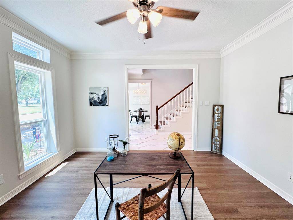It has new LVP Wood plank flooring, just installed last week, an updated ceiling fan and paint!