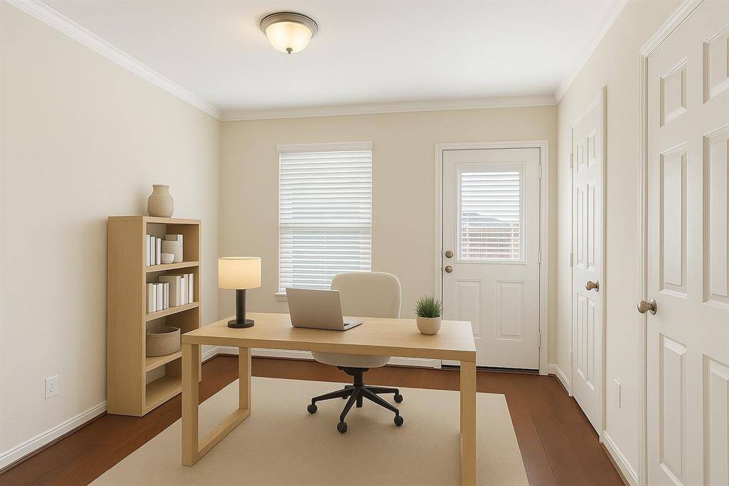 On the first floor, this versatile room can be used as the home office or can easily function as a fourth bedroom with its own closet and direct access to a shared full bathroom, plus access to the backyard.