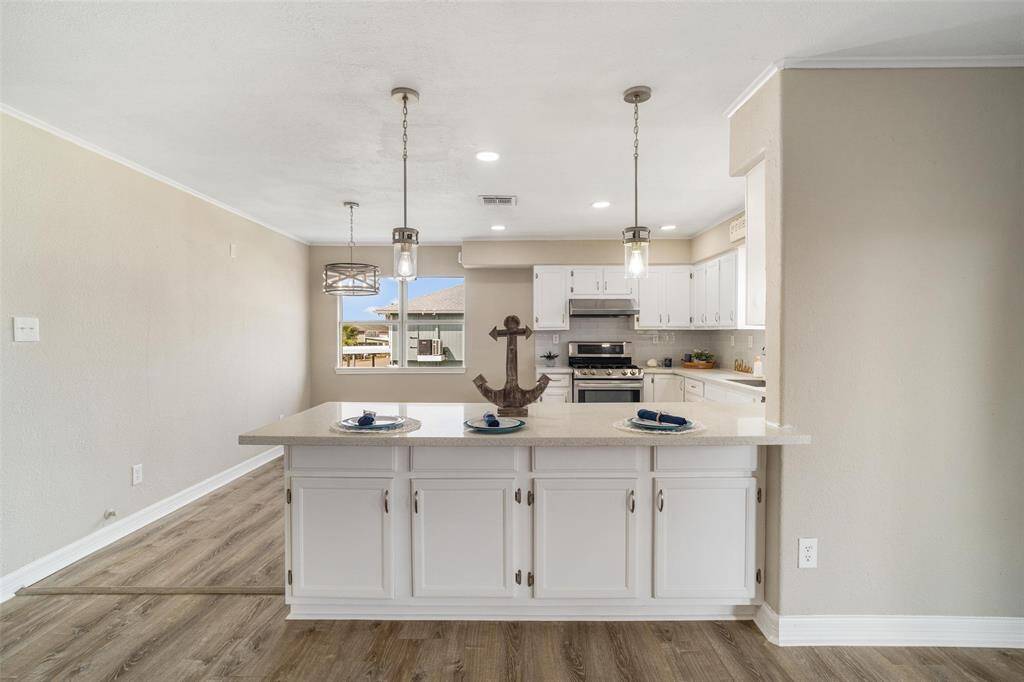 Kitchen updates include quartz counter tops, tile backsplash, lighting, painted cabinets, and stainless appliances