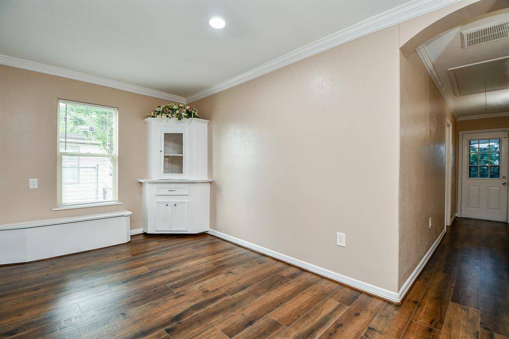 Bench seating and built-in cabinet.