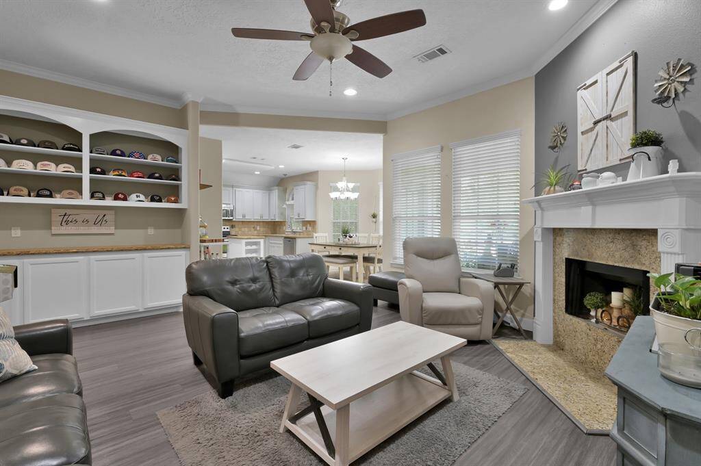 Open living room with built-ins.