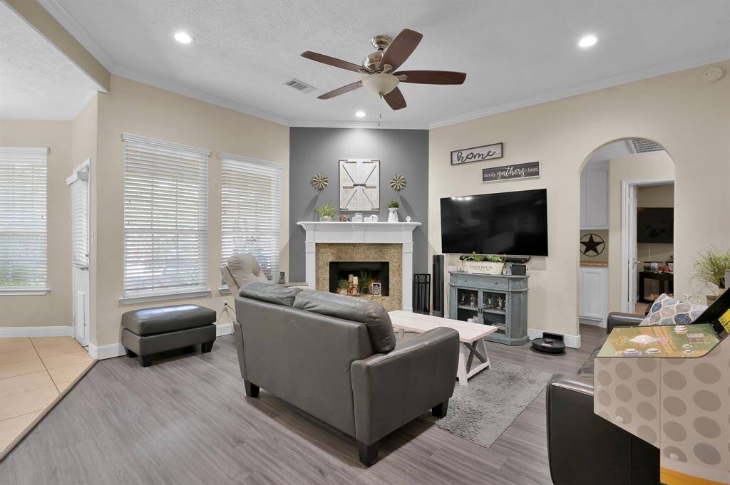 Cozy fireplace & open concept space.
