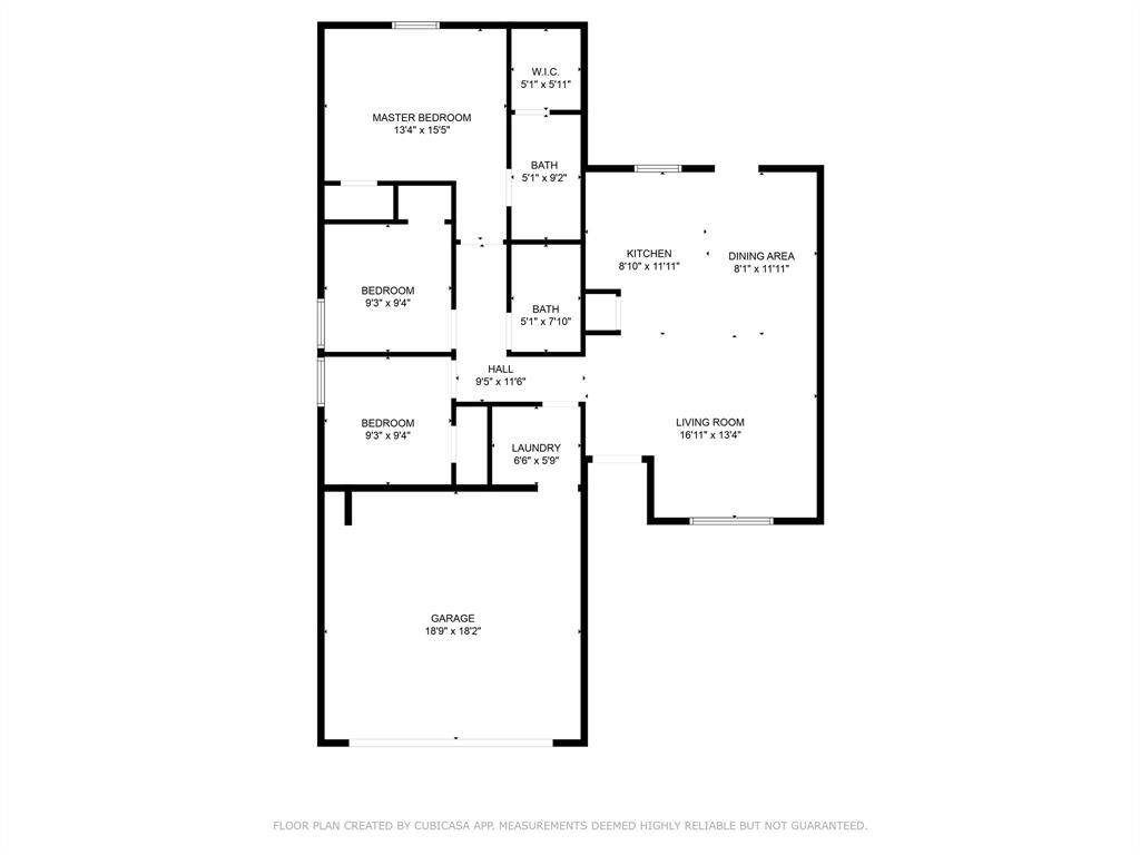This floor plan features a spacious layout with a master bedroom and walk-in closet, two additional bedrooms, two bathrooms, a kitchen, dining area, and a generous living room. It includes a laundry room and an attached garage for convenience.