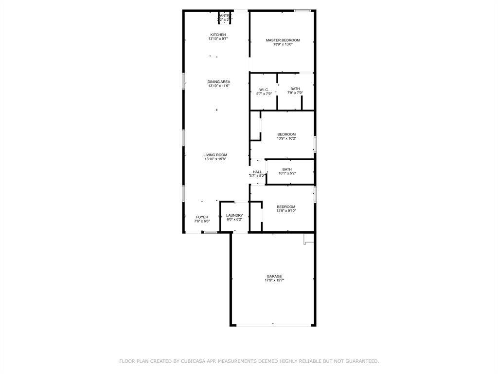 This floor plan features a spacious layout with three bedrooms, two bathrooms, and a large living room. The kitchen and dining area are open and connected. It includes a master bedroom with an ensuite and a walk-in closet. There's also an attached garage and a dedicated laundry space.