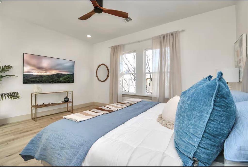 The comfortable King bed in the Primary Bedroom is great for some R&R after a day of adventuring!