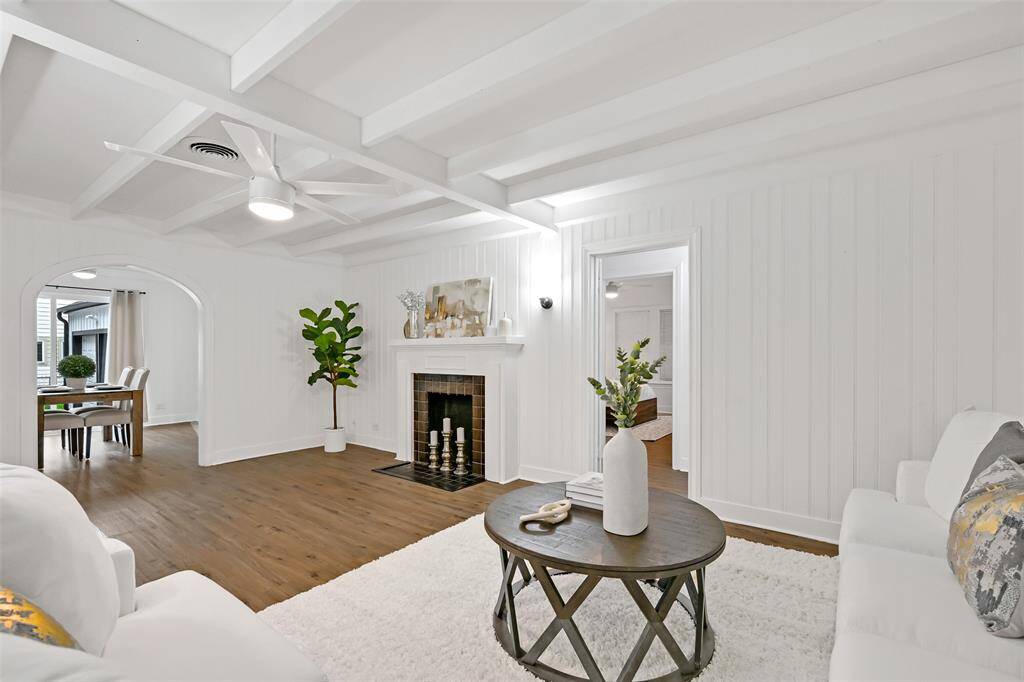 newly painted walls and beamed ceiling
