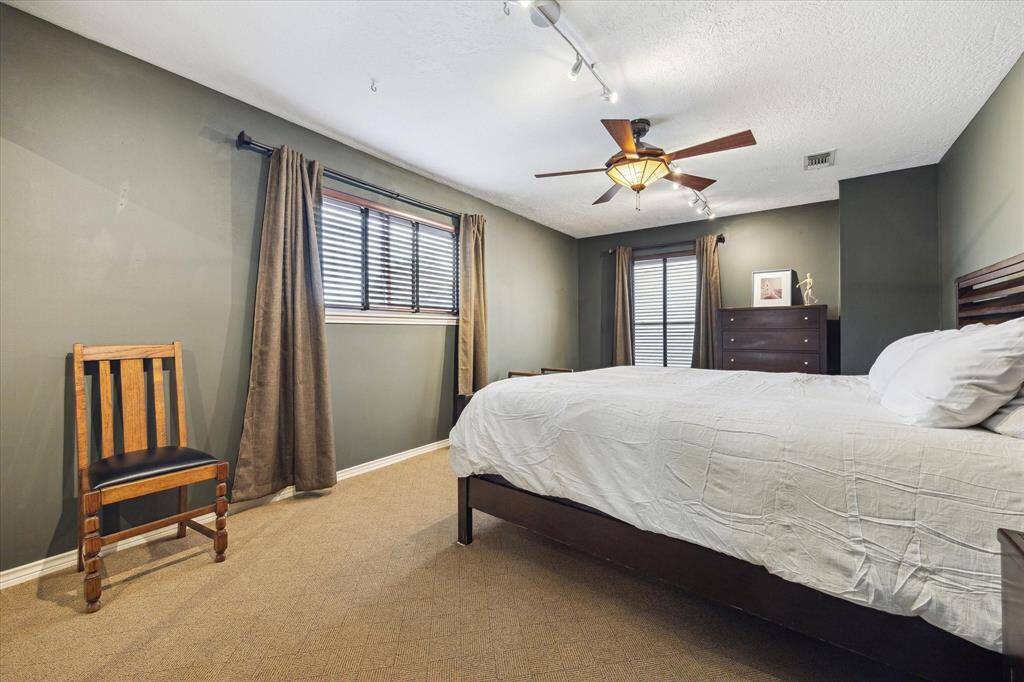 Rear House: Secondary bedroom features earthy green walls and carpeting, with ample natural light from two windows. It includes a ceiling fan, track lighting.