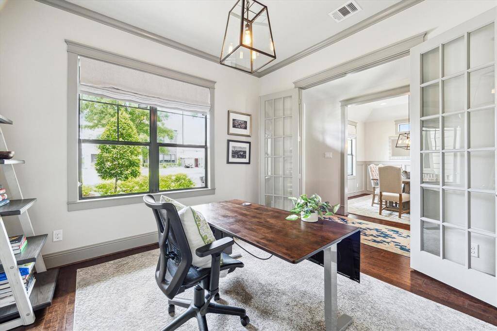 Home office with French doors leading out