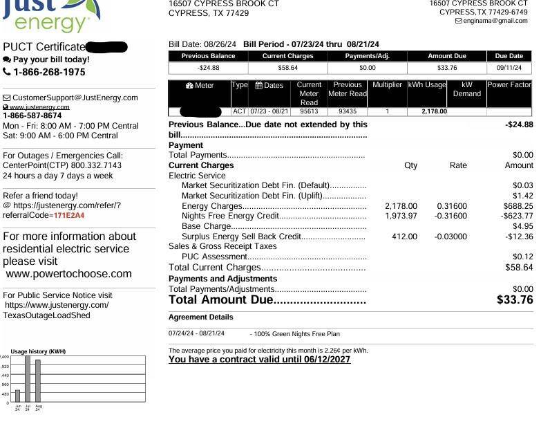 This is the energy bill from August 2024 (their highest usage month). on $33! This is a robust solar system that has 2 Tesla batteries so you keep power when storms knock out the lines. ON lower usage months you can actually produce more than you use and earn a credit towards future bills.