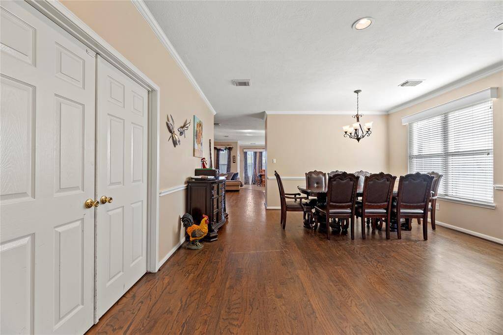 Upon entering you see the French doors for the office on your left, and the wide open spaces of the dining room and the family/flex room.