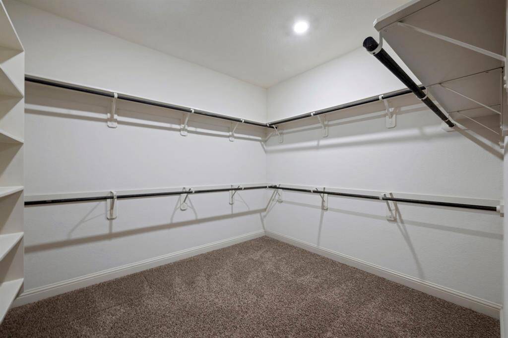 Spacious walk-in closet with ample hanging space, carpeted flooring, and bright overhead lighting.