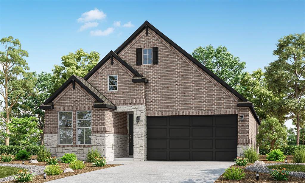 The Buttercup D elevation showcases classic curb appeal with its blend of brick and stone, and features soaring vaulted cathedral ceilings that extend seamlessly to the back patio—perfect for open, airy living. Please note: the colors shown in this image do not represent the actual colors of the home under construction.