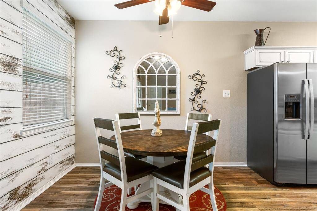 breakfast area has a whimsical vintage flair