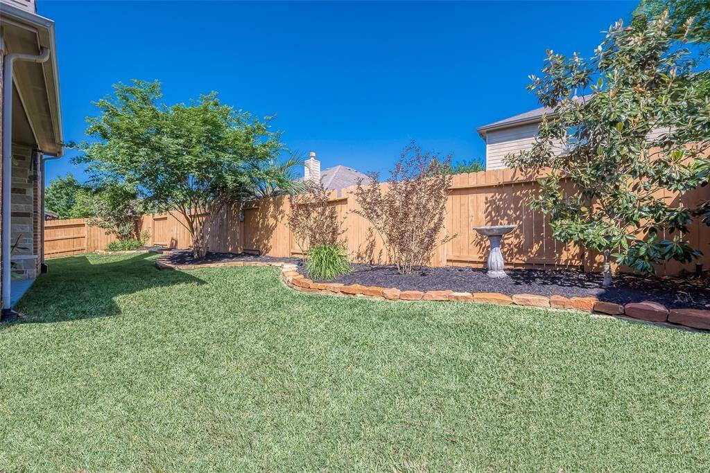 Low-maintenance backyard with beautiful landscaping, lighting, and automatic sprinkler system.