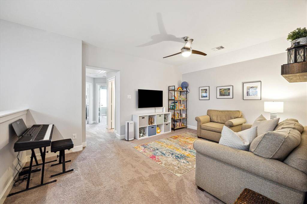 From the top of the stairway and separating primary from secondary bedrooms is this fabulous multi-use area (16x12). Home office, game room, media room - a tremendous opportunity for multiple uses. The door in center leads to secondary bedrooms, utility room and secondary bath.