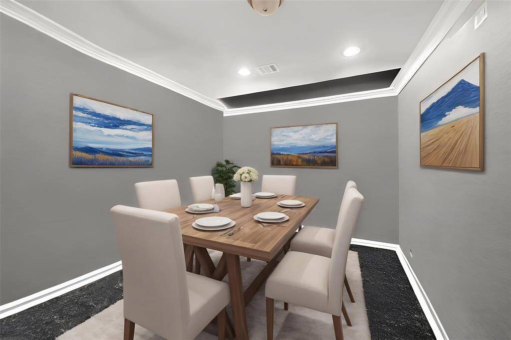 Virtual staging of the formal dining room, just off the kitchen.