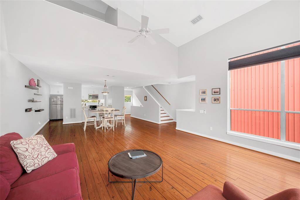 The large living room, open to dining room and kitchen.